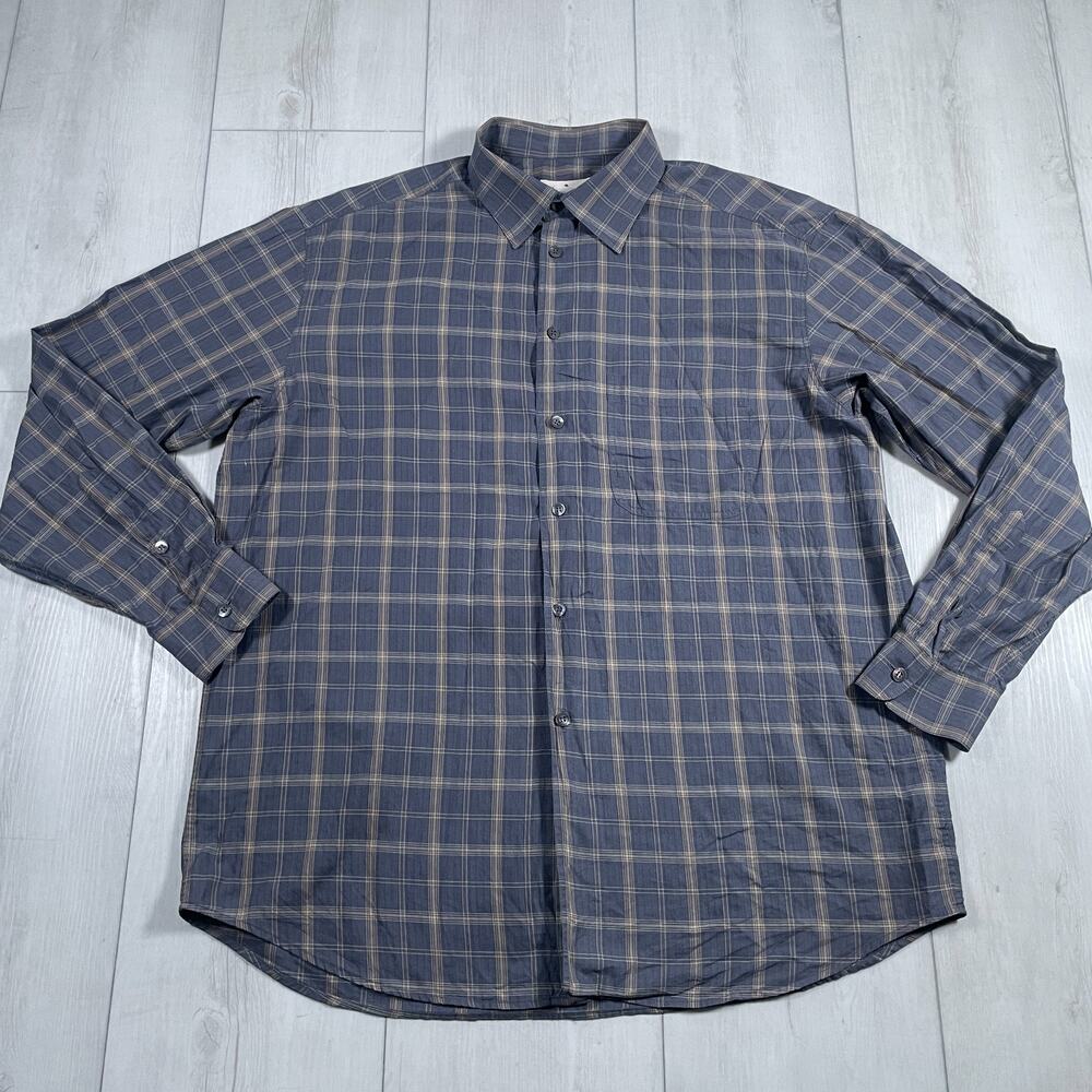 Ermenegildo Zegna Shirt Mens 2XL Button Up Blue Yan Plaid Dress Casual